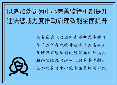以追加处罚为中心完善监管机制提升违法惩戒力度推动治理效能全面提升